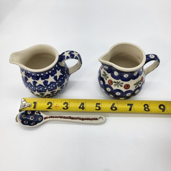 Boleslawiec Polish Pottery Stars & Blue Dot Design Small Creamer Set with Spoon - Picture 13 of 14